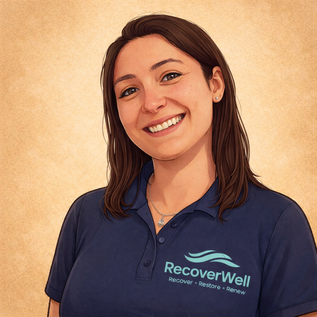 Founder Raquel smiling in a RecoverWell shirt